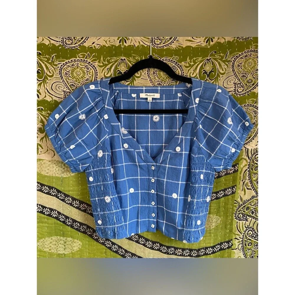 Madewell Hermitage Blue Embroidered Puff Sleeve Window Pane Crop Top 2